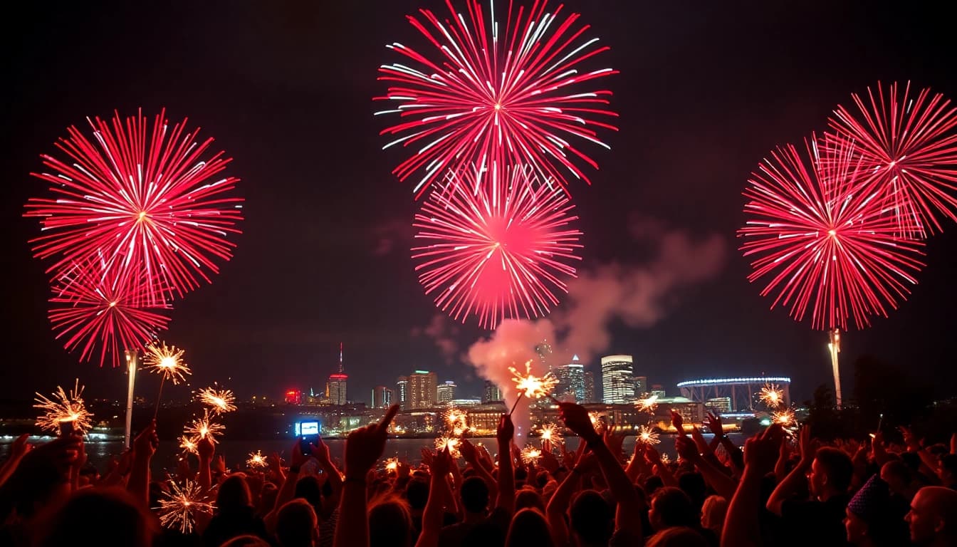 Buy fireworks Manchester in a vibrant celebration with colorful fireworks illuminating the city skyline.