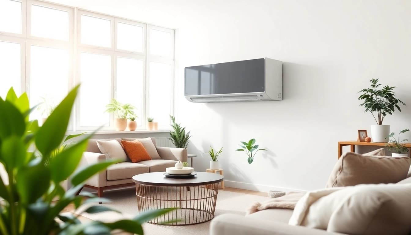 Showcasing a mini split ac in a stylish living room with bright natural light.