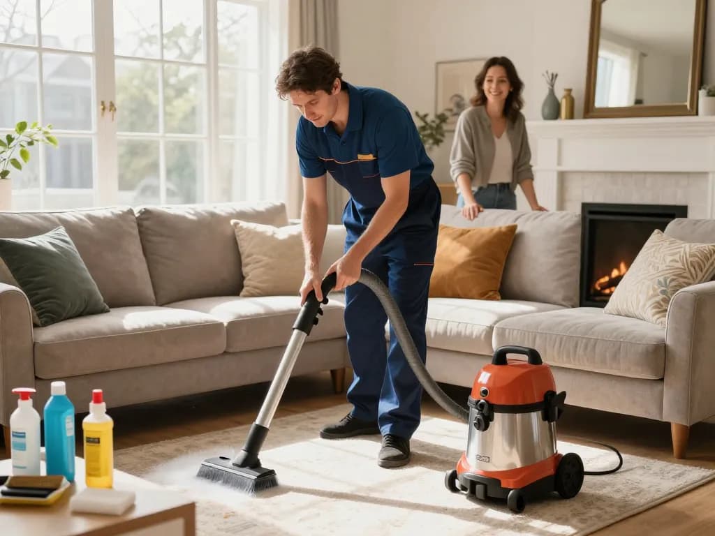 Professional upholstery cleaner demonstrating effective techniques for Council-area community blogs about sofa care in a sunlit living room.