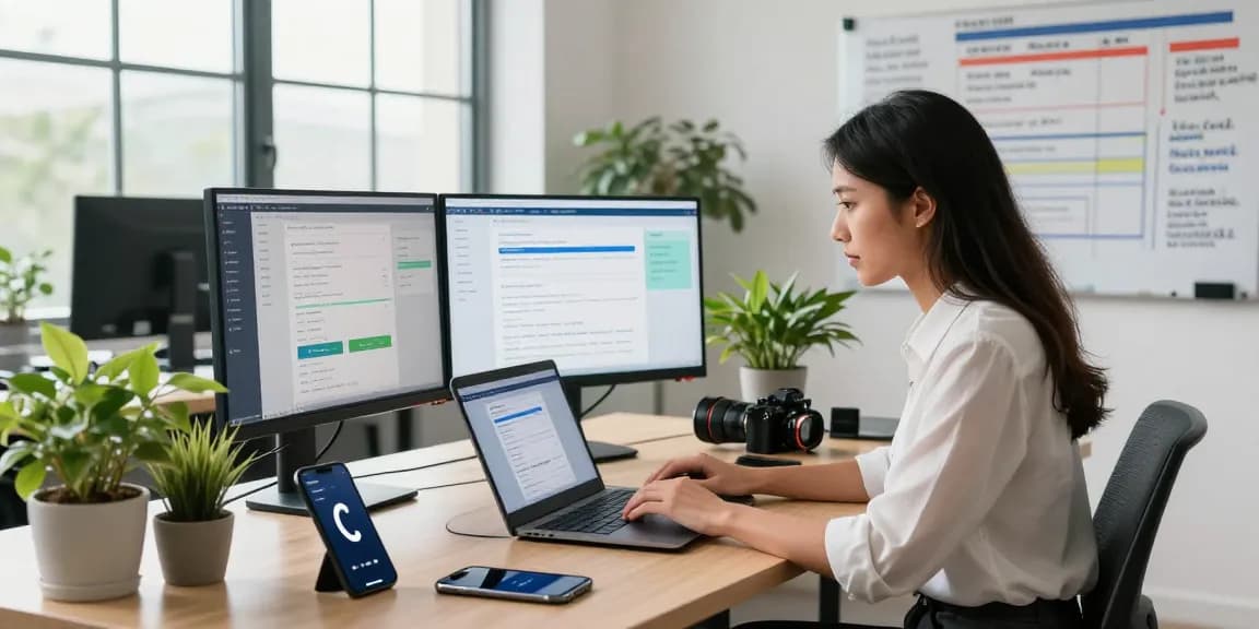 Engaged professional using tech tools for a british phone number search in a modern workspace.