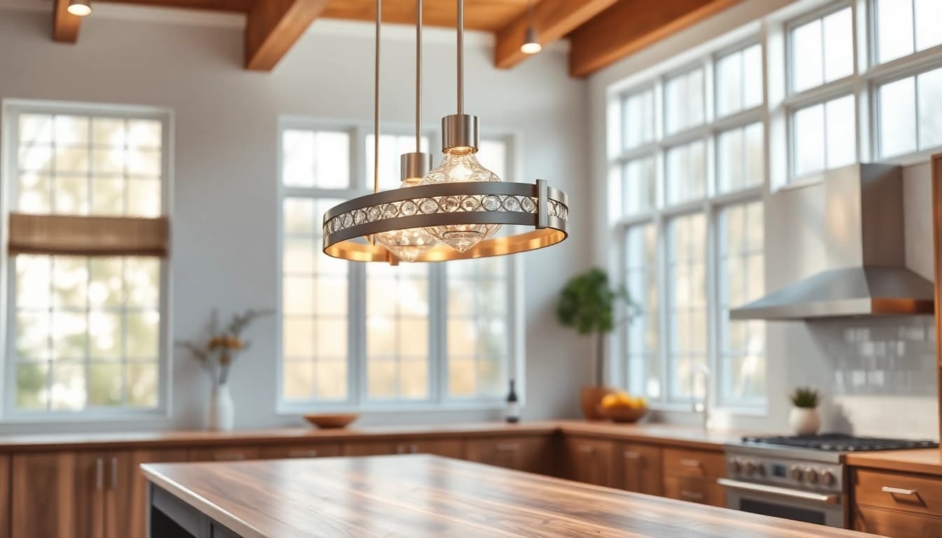 Enhance your modern kitchen with a stunning island light fixture that combines elegance and warmth.