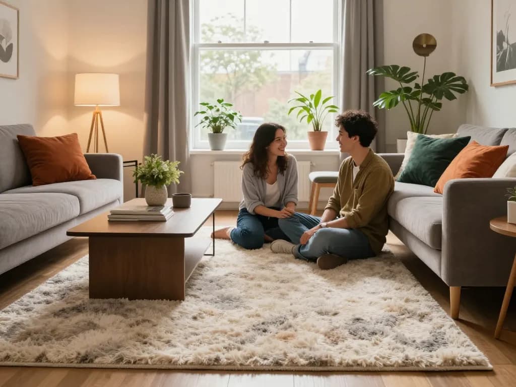 Affordable carpets London showcased in a cozy living room with a couple enjoying their stylish space.
