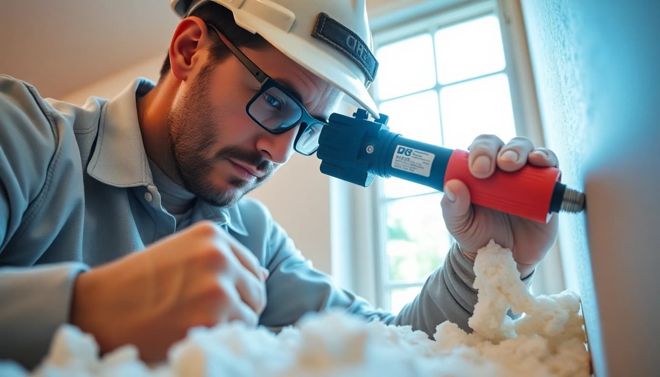 Efficient spray foam removal near me by a technician using specialized equipment in a bright setting.
