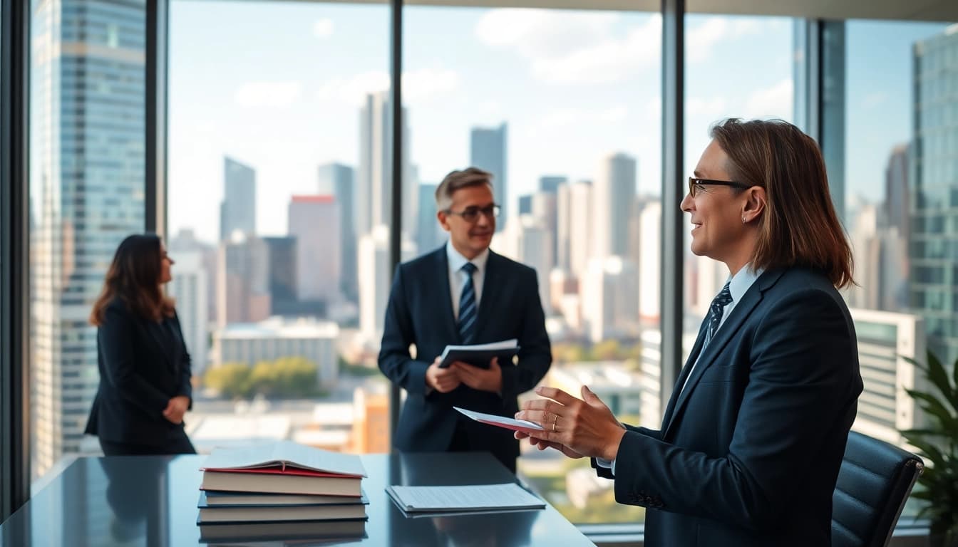 Lawyer consulting in an Australian office with modern design and city view.