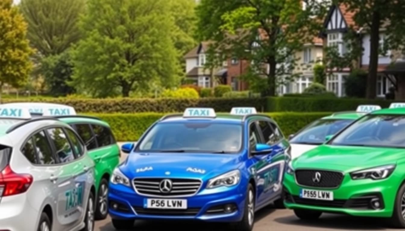 Taxis ready for service in Thames Ditton's picturesque landscape, showcasing community reliability.