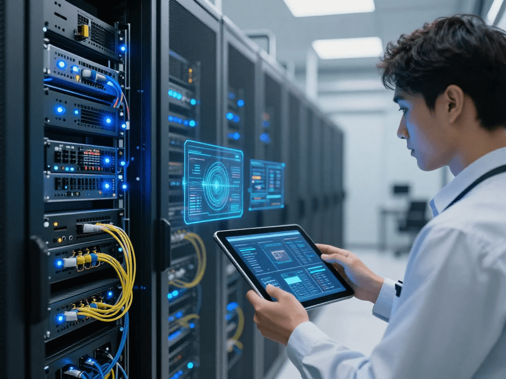IPTV panel in a modern data centre with server racks, showcasing advanced cloud computing and digital platform technology.