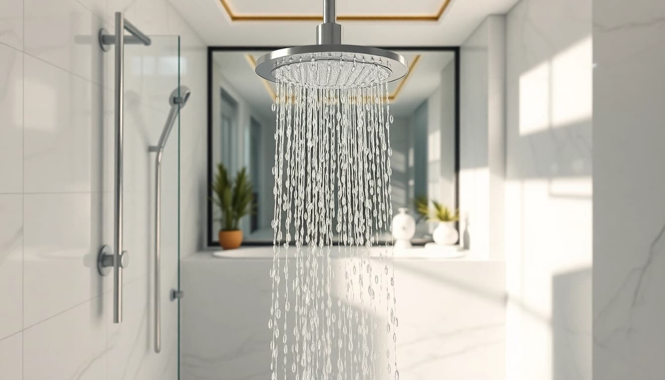 Experience elegant showers with a luxurious rain shower design and modern accessories.