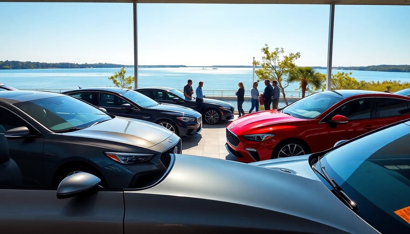 Showcase of sleek cars at Virginia water's edge with a friendly dealership atmosphere.