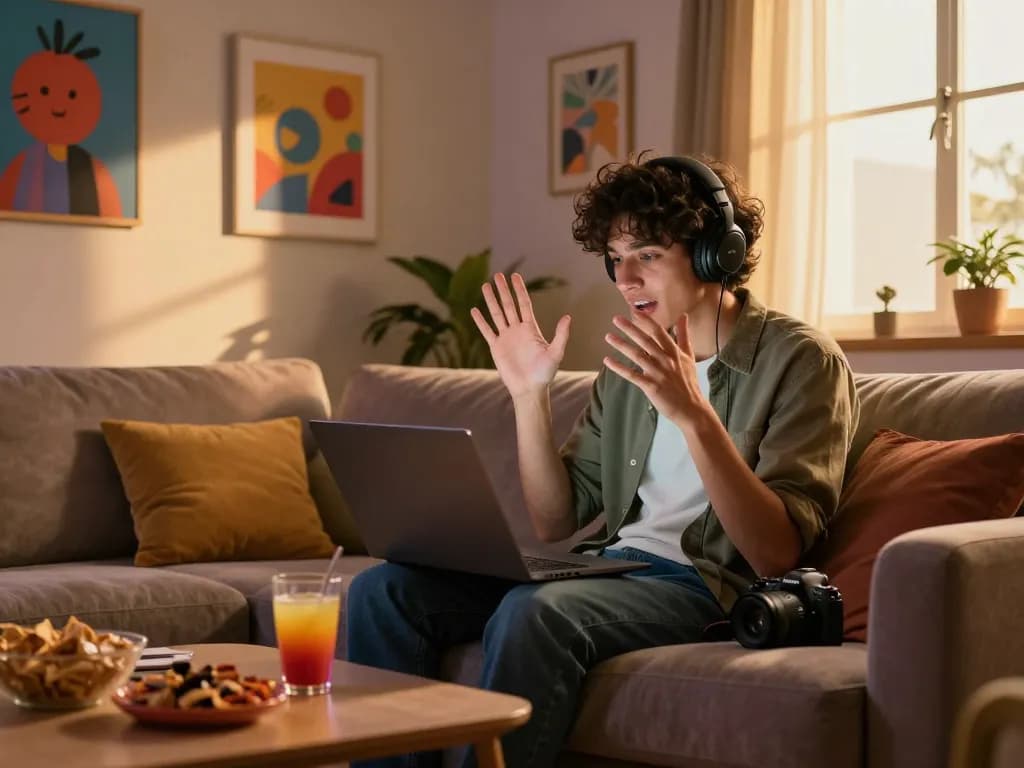 Engaging NSFW AI conversation scene with a user comfortably chatting online in a playful living room.