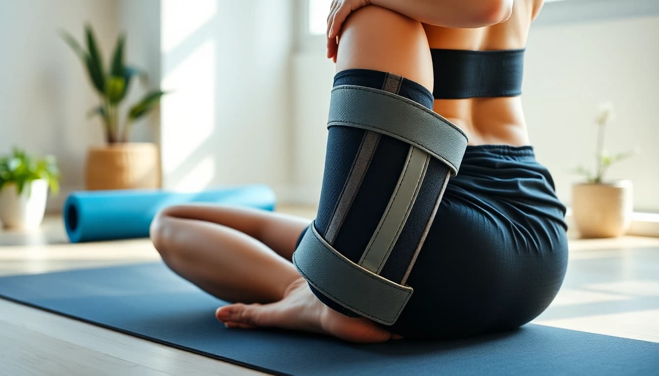 Do sciatic nerve leg braces work? Individual using a sciatic brace on a yoga mat, highlighting comfort and support.