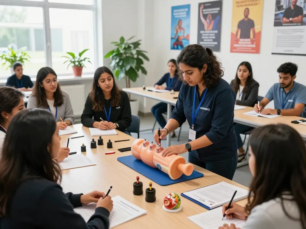 Students learning Hijama certification UK during an interactive class with a professional instructor demonstrating cupping therapy techniques.