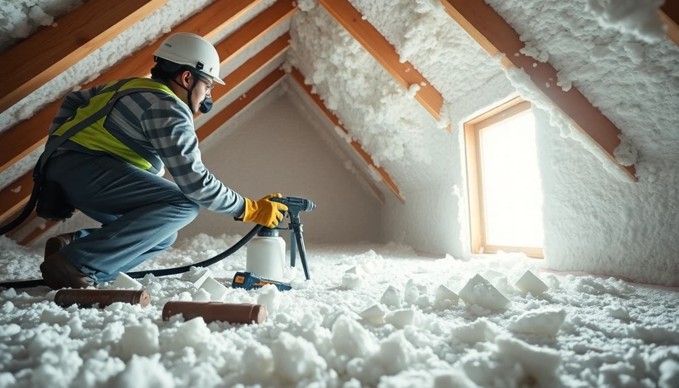 Loft spray foam removal service technician cleaning foam in a bright attic environment.