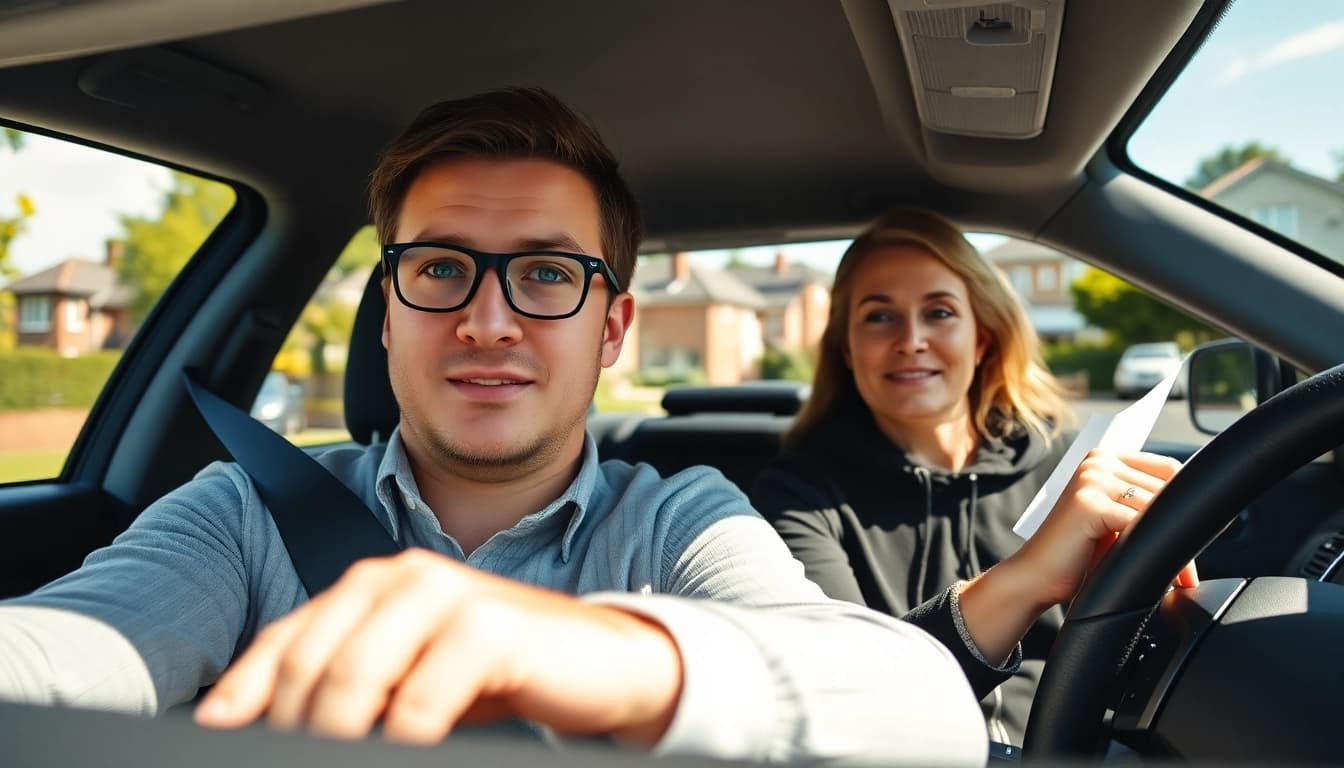Learn intensive driving course Guildford with an experienced instructor and attentive student in a sunny Guildford street.