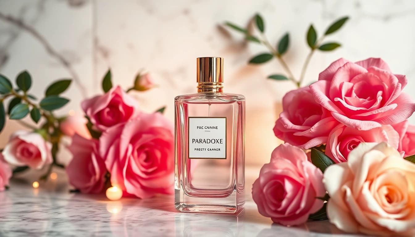 Showcase Paradoxe perfume bottle amidst lush flowers, reflecting light for elegance.