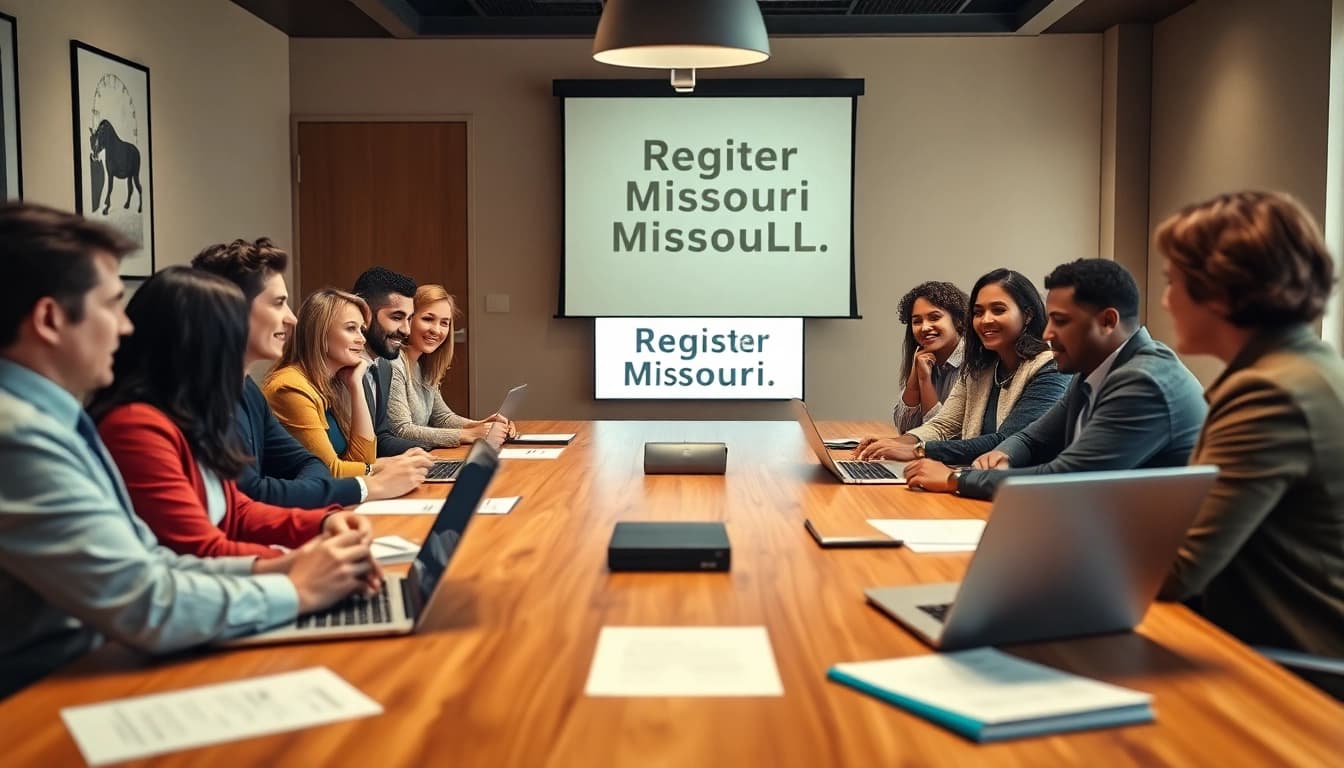 Empowered entrepreneurs collaborating to register Missouri LLC, showcasing professionalism and teamwork.