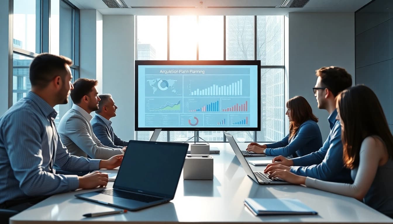 Dynamic team engaging in Acquisition Planning discussion with data visuals in a modern office.