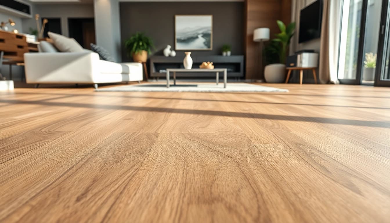 Highlighting vinyl plank flooring with elegant texture in a modern living room.