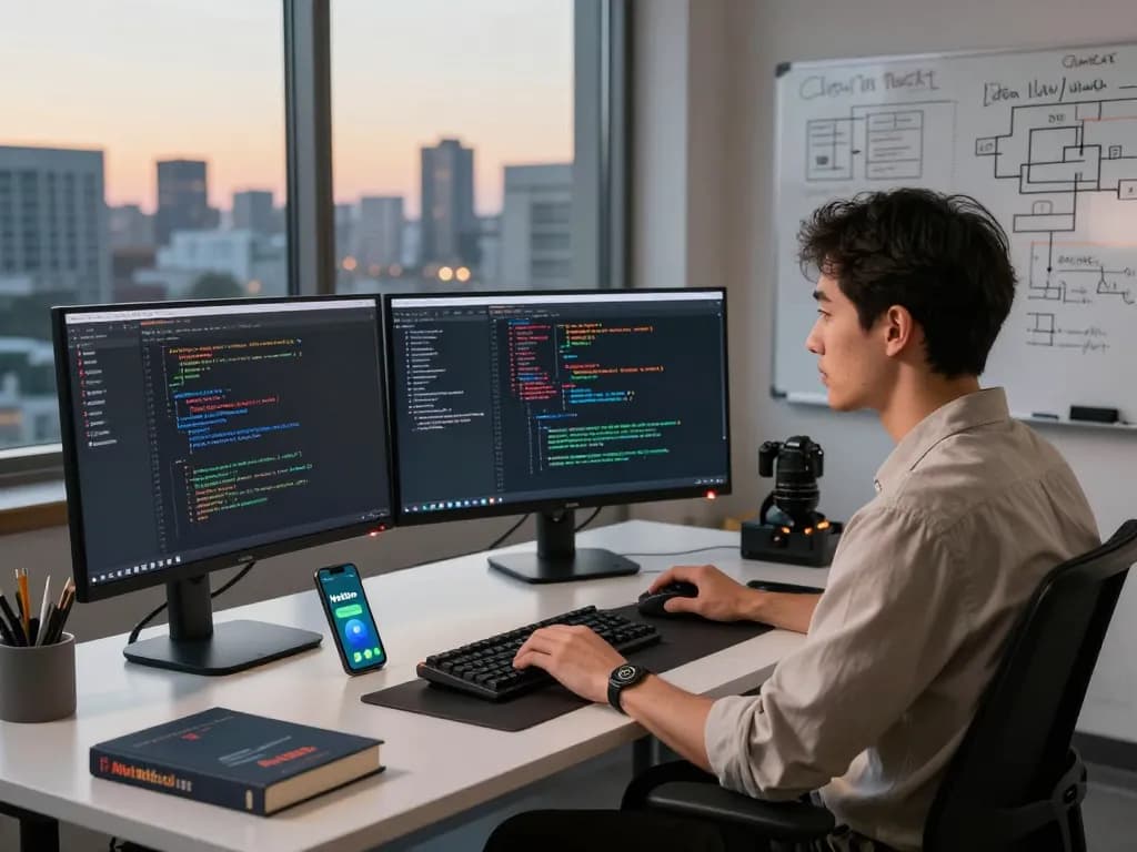 MoltBot workspace featuring a developer coding with multiple screens displaying the assistant's interface, showcasing a productive and innovative tech environment.