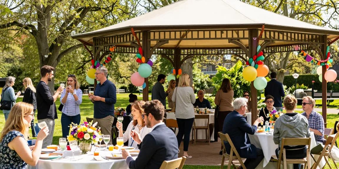 Gazebo hire London for outdoor celebrations with guests enjoying a festive atmosphere under elegantly decorated structures.