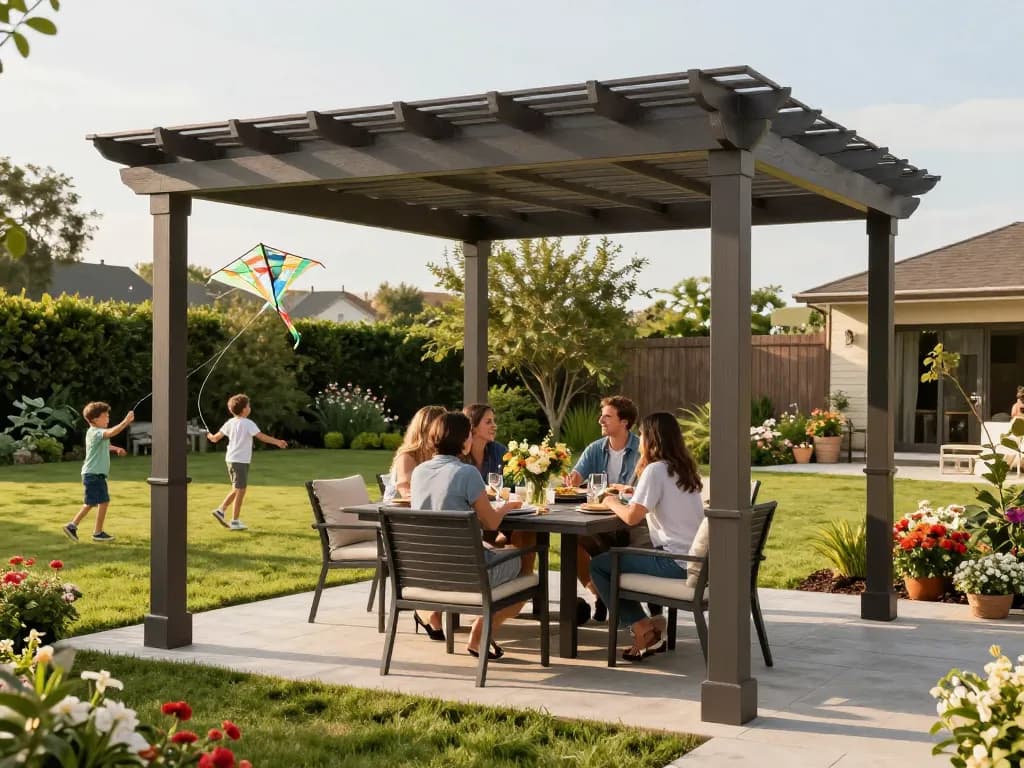 Innovative pergola configurator design showcased in an inviting outdoor space with a family enjoying a summer gathering.