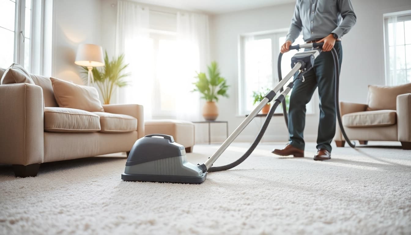 Professional carpet cleaning service showcasing a technician in action with vibrant, clean carpets.