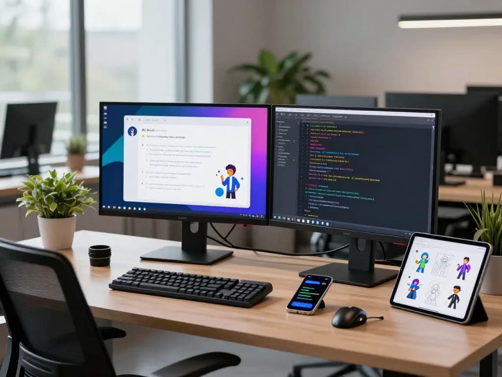Engaging developer using crush on ai chat interface in a modern workspace with dual monitors and coding setup.