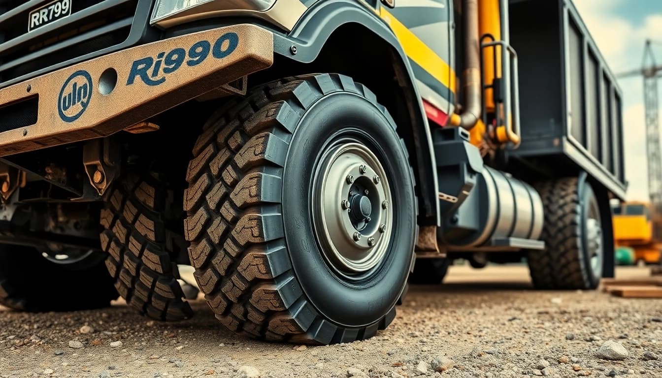 Heavy-duty Double Coin RR99 tires on a commercial truck in a rugged construction site.