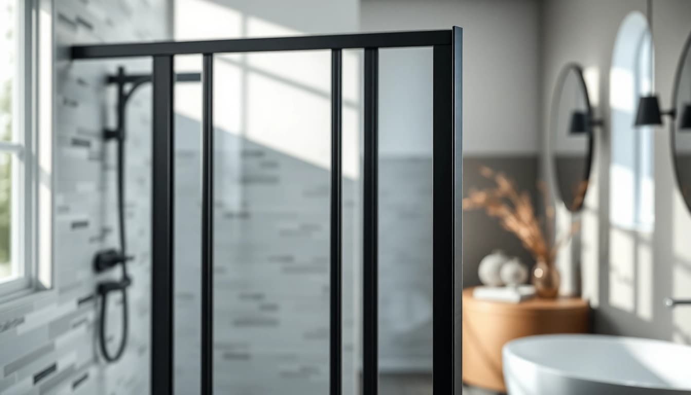 Stunning black frame shower doors elevate the bathroom aesthetic with sleek design and modern elegance.
