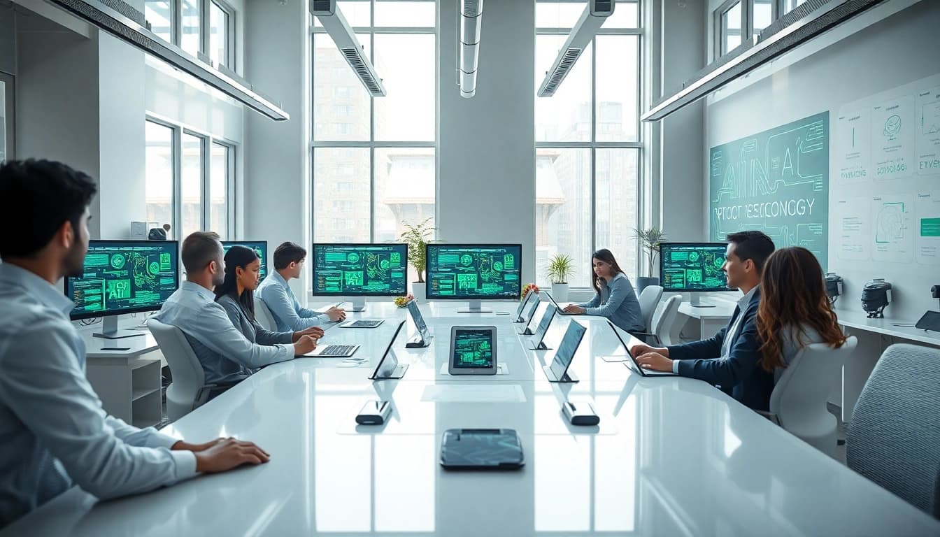Innovative technology workspace showcasing AI development with diverse professionals, emphasizing ia +18.