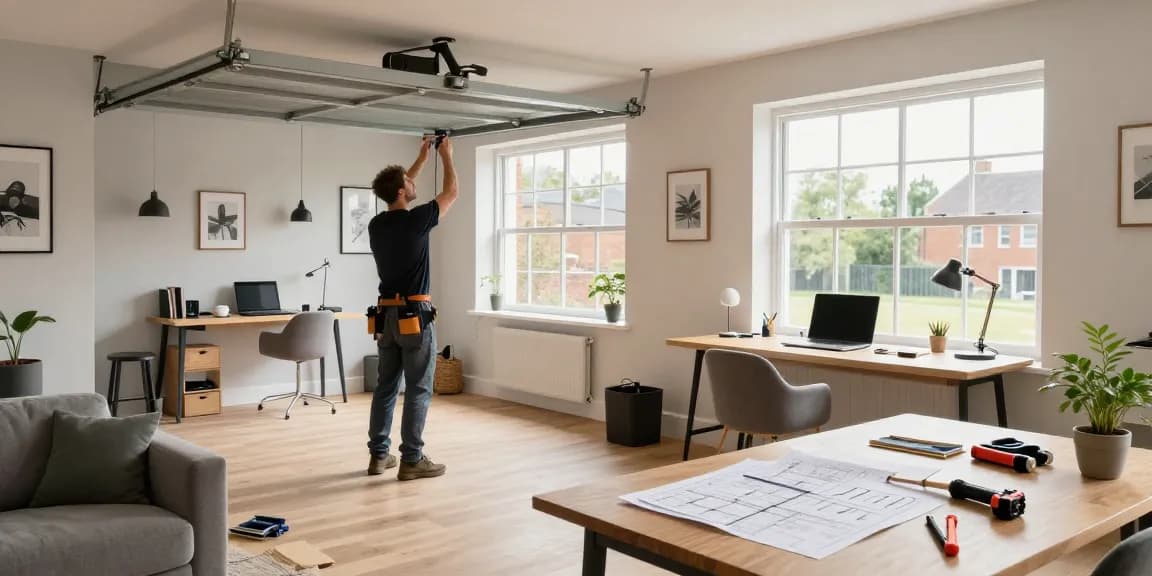 Garage conversion builder transforming a cluttered space into a stylish home office in Bristol.