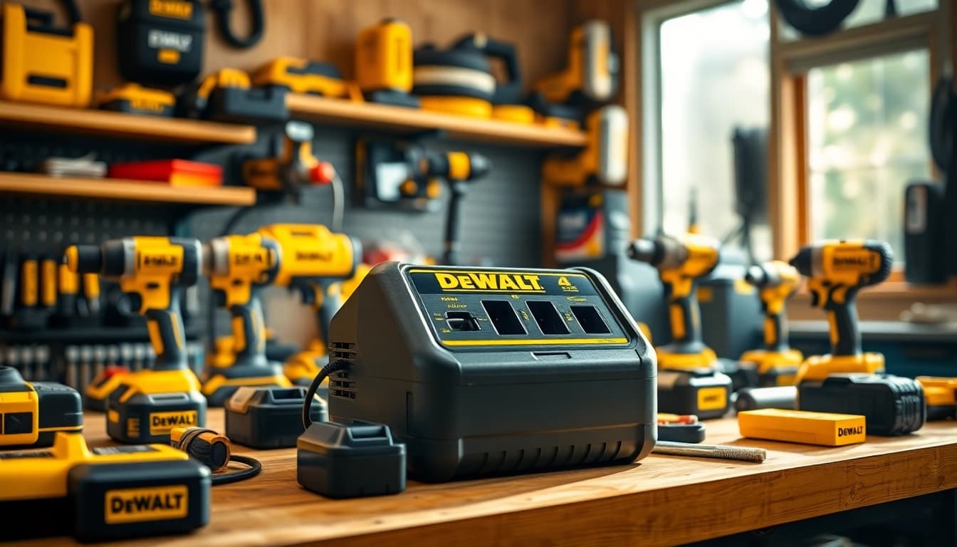The DeWalt 4 port charger powering multiple batteries in a workshop setting.