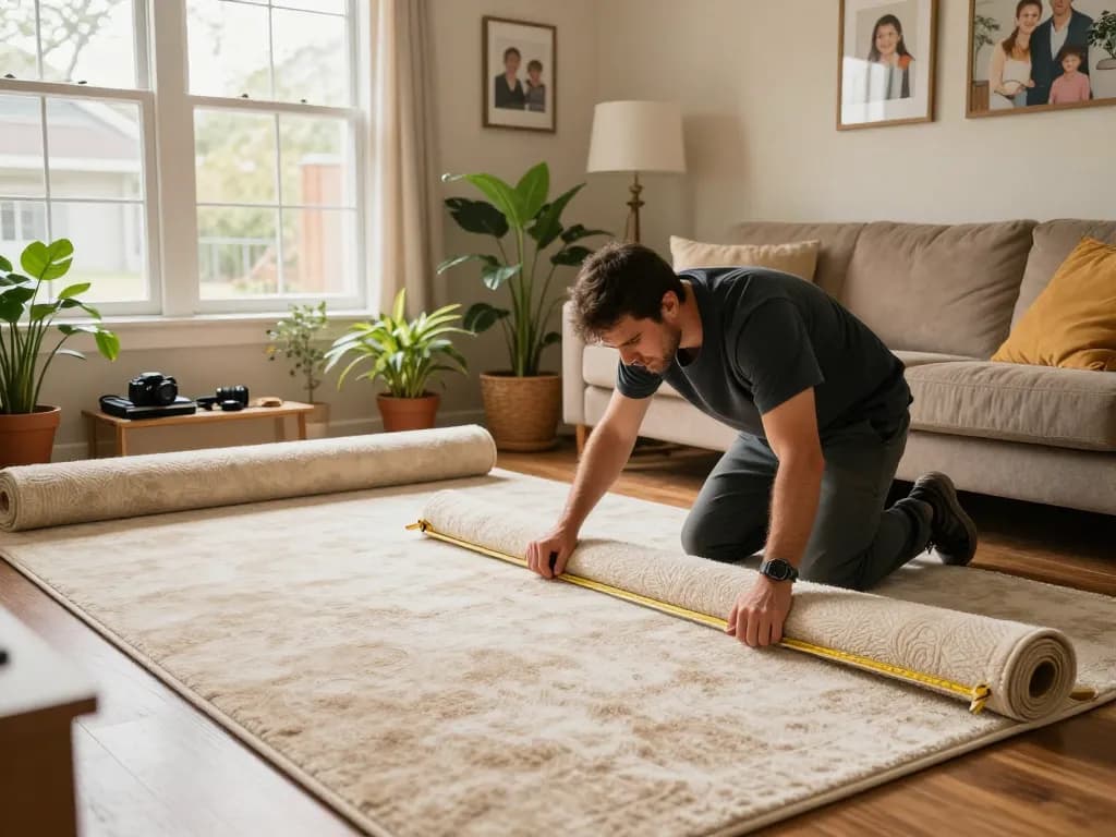 Carpet fitters near me working in a cozy living room to install new plush carpet.