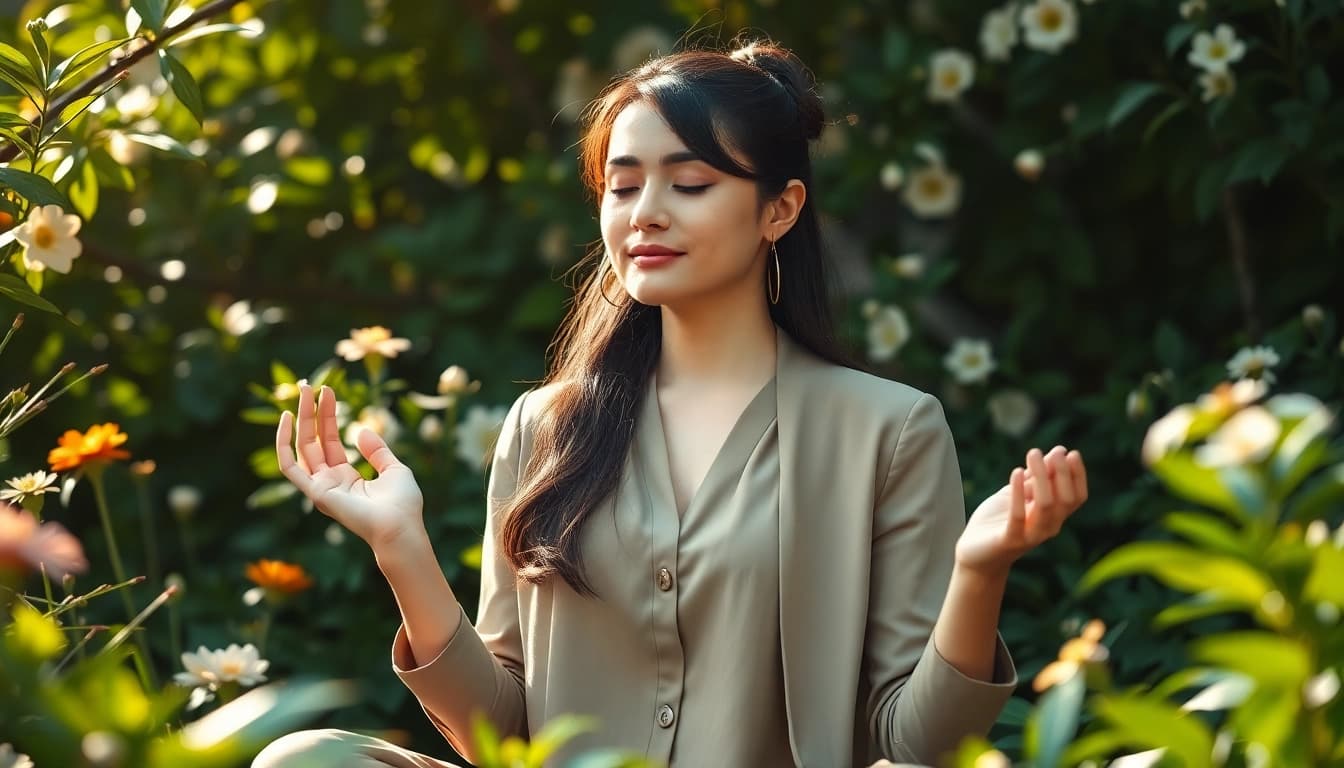 Meditation scene promoting mental wellness with a woman in a tranquil garden setting.