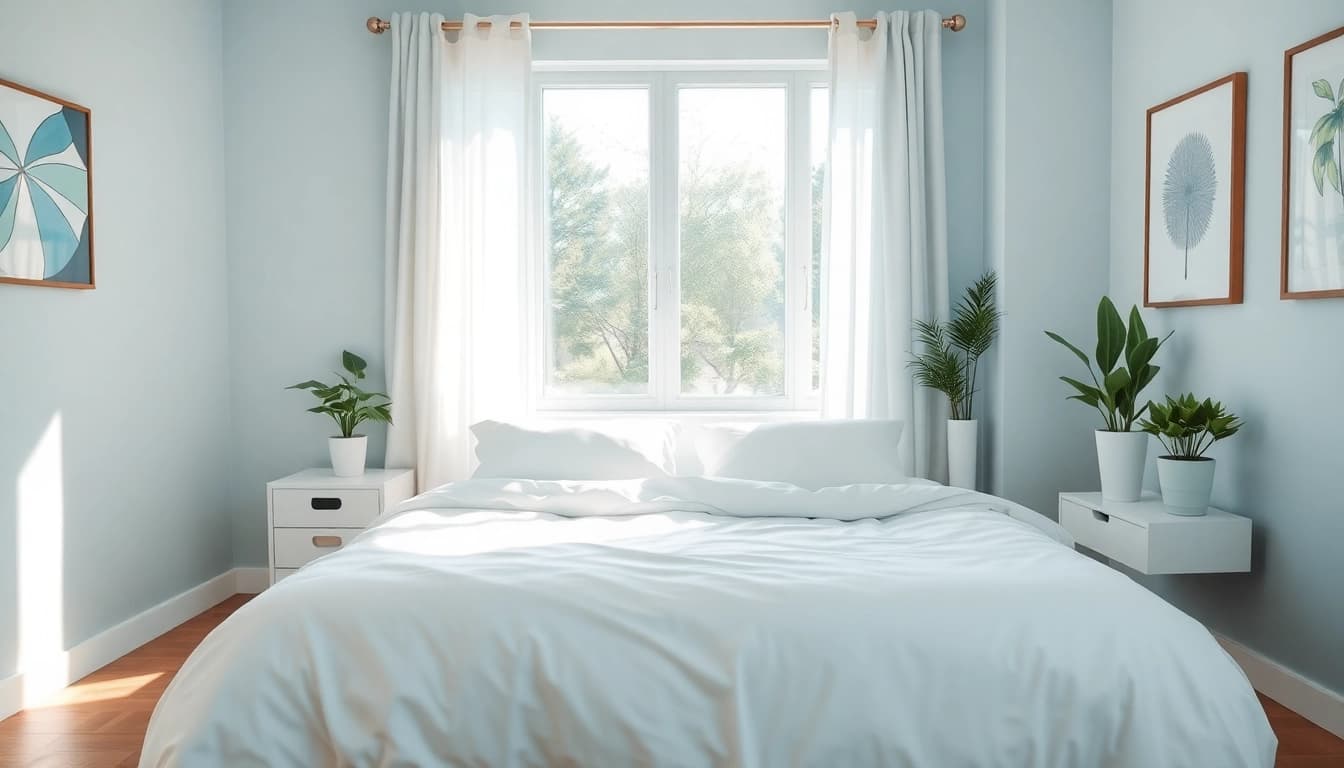 Single bed beautifully styled with white linens and a pleasant decor in a cozy bedroom.