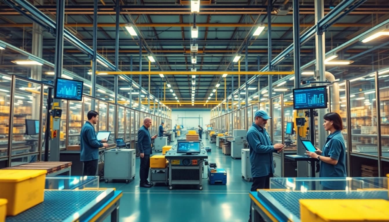 Production traceability software displayed on digital interfaces enhancing quality control in a modern manufacturing setting.