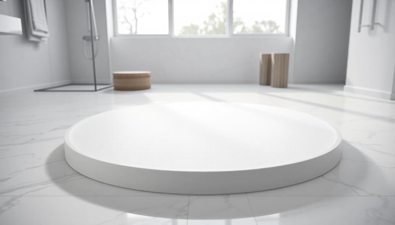 Elegant shower bases displayed in a modern bathroom with sleek, smooth surfaces and natural lighting.
