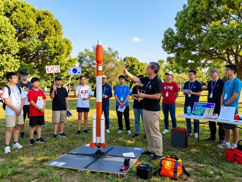 Group of enthusiasts launching model rockets, showcasing model rocket engines in a community event.