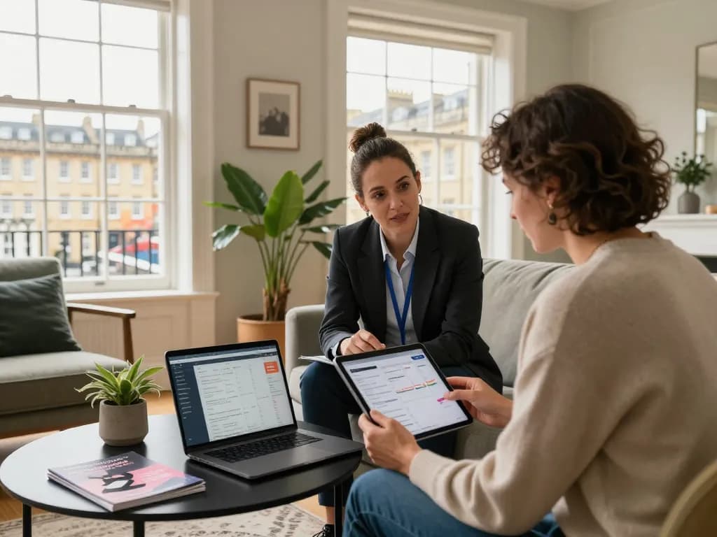 Airbnb management bath scene with a property manager and homeowner discussing rental strategies in a stylish Georgian apartment.
