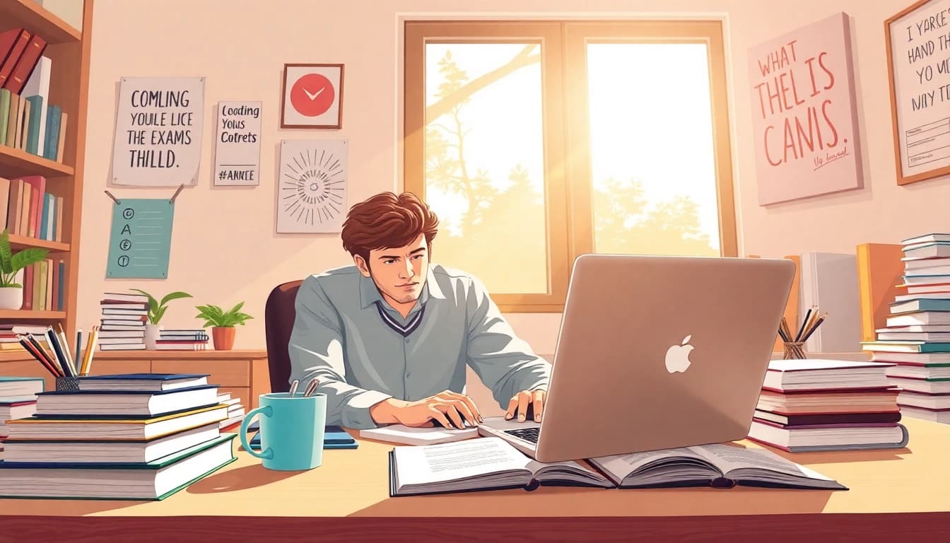 Enhance your studies with online exams help in a serene study setting featuring a focused student.