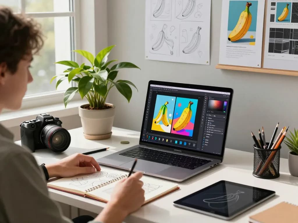 Artist utilizing the Nano Banana AI image editor on a vibrant workspace, showcasing creative digital design.