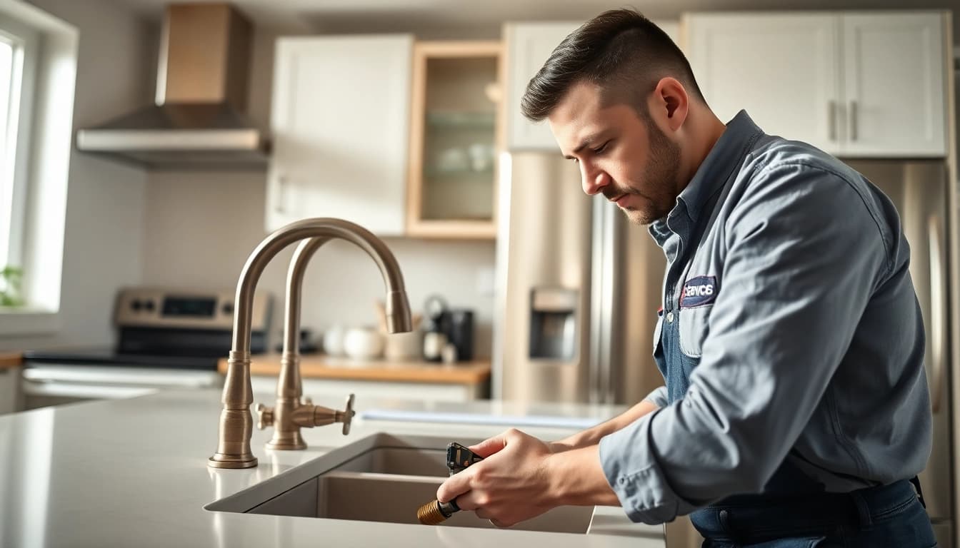 Find a reliable plumber near me in action, expertly fixing a kitchen sink with professional tools.