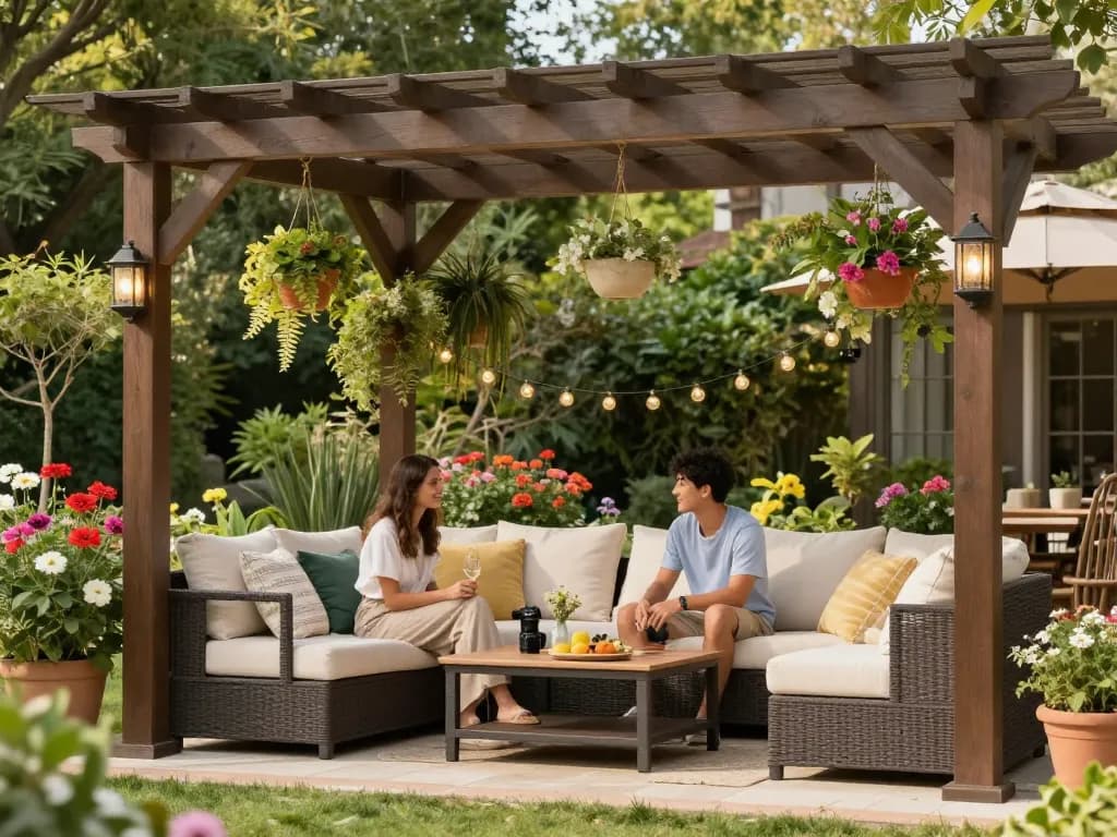 Custom pergola configurator in a beautiful outdoor setting with a couple enjoying their garden oasis.