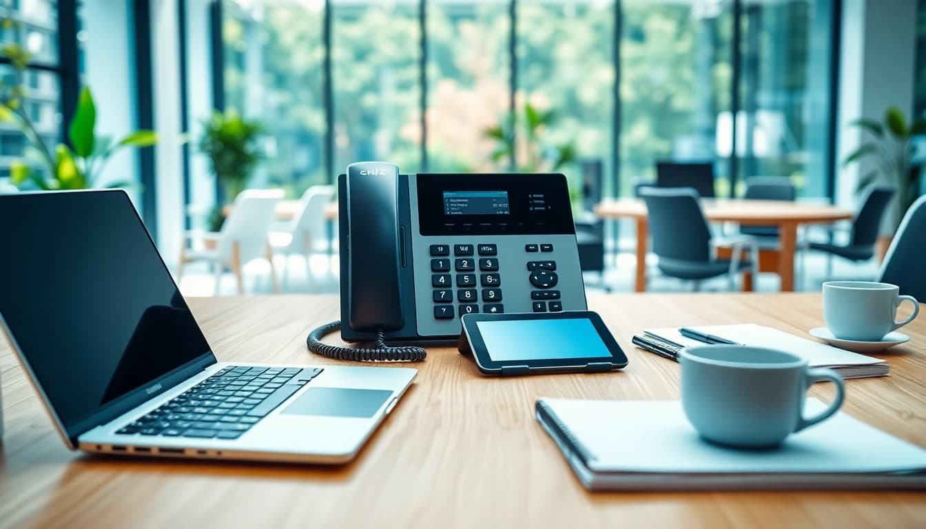 Engaging setup of business phone providers showcasing modern devices in a vibrant office.