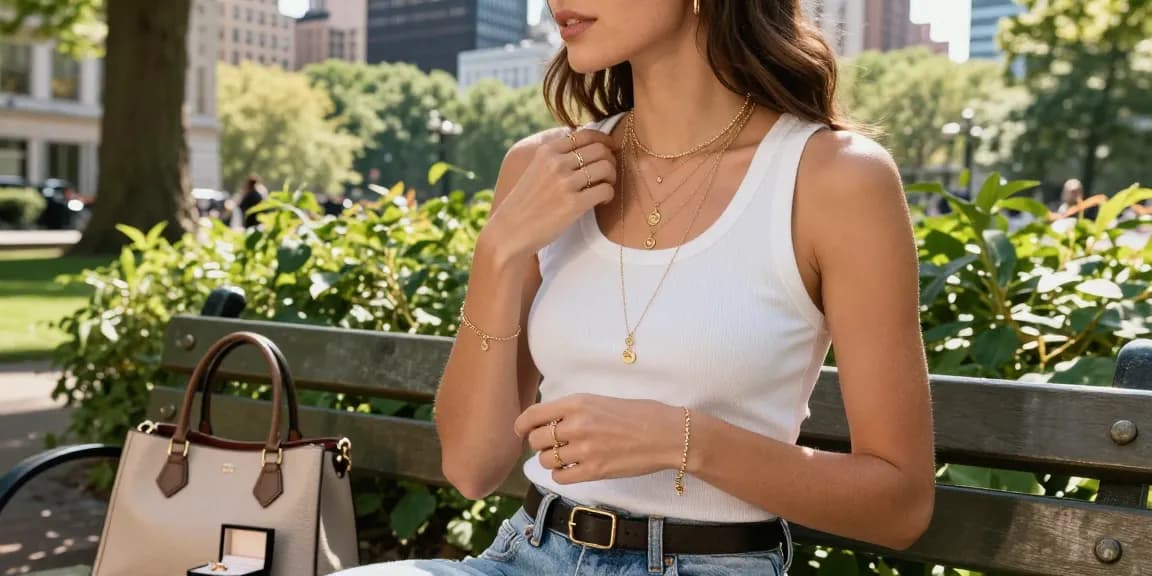 Stylish woman showcasing delicate gold jewellery uk in an urban park setting, with layered necklaces and bracelets.