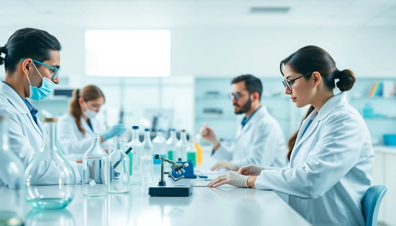 Analyze Peptides UK in a laboratory with scientists interacting and examining samples.