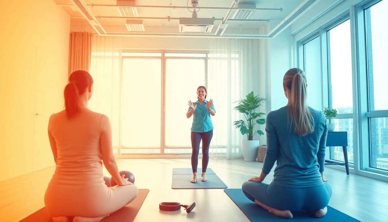 Engaging session on how to improve posture with a coach demonstrating exercises in a vibrant office.