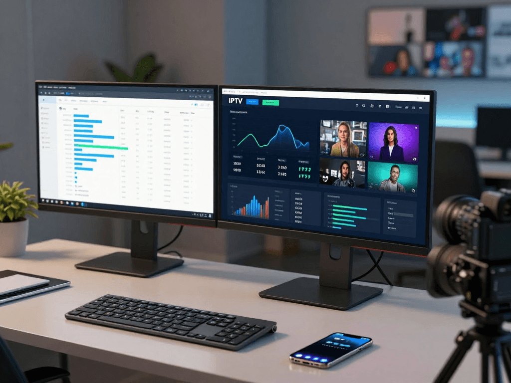 IPTV reseller dashboard analytics in a modern tech setup, featuring advanced software and cloud technology.