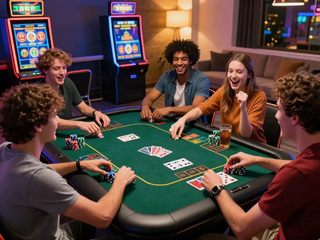 Friends enjoying an exciting gaming night at a casino not on gamstop, filled with colorful devices and excitement.