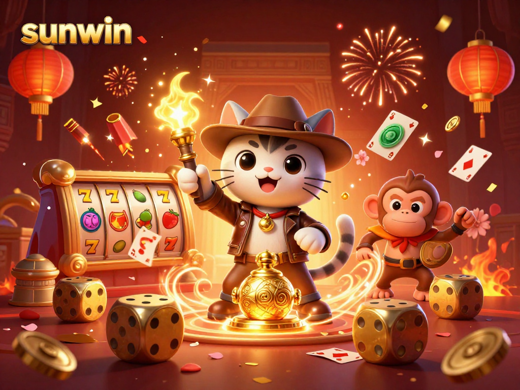 Experience sunwin's thrilling slot action with vibrant 3D artwork depicting an adventurous cat and its monkey.