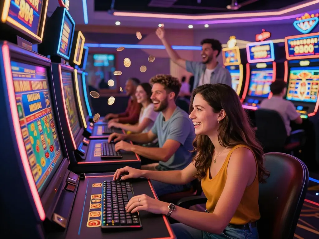 Players enjoying games at a vibrant online casino not on GamStop, celebrating wins and engaging with colorful gaming graphics.